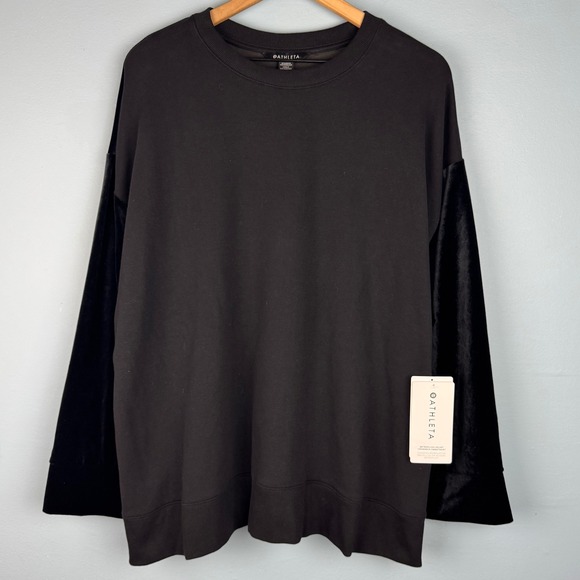 NEW Athleta Women's 2X Black Retroplush Velvet Crewneck Sweatshirt Buttons Soft - Picture 1 of 6